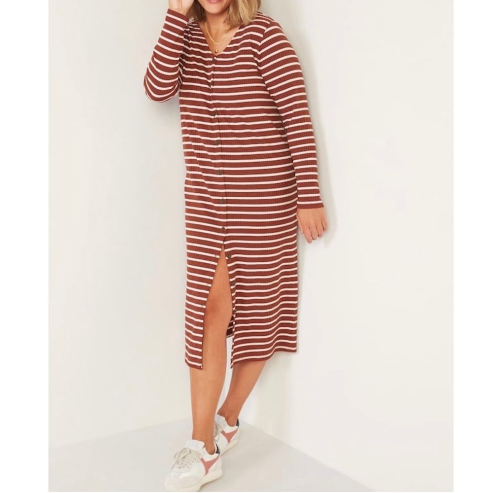 Stripped Rib Knit Cardigan Sweater Midi Dress - Old Navy
